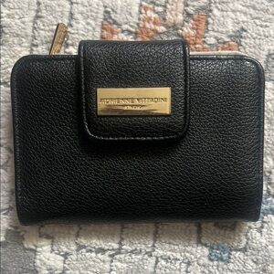 Adrienne Vittadini Black Leather Zip Wallet with Gold Plaque